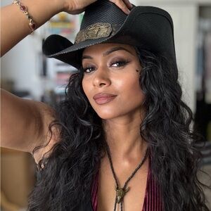 Unisex Black Cowboy Hat with Metal Bull Skull Detail